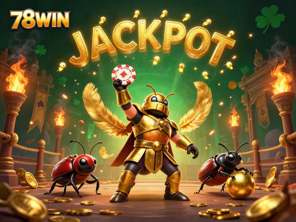 78WIN beetle champion lifting poker chip with a golden ball, celebrating victory in an ornate arena
