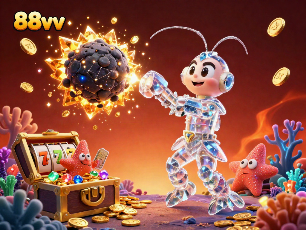 Experience the excitement of 88vv in this vibrant casino-themed 3D illustration filled with treasures and game elements.