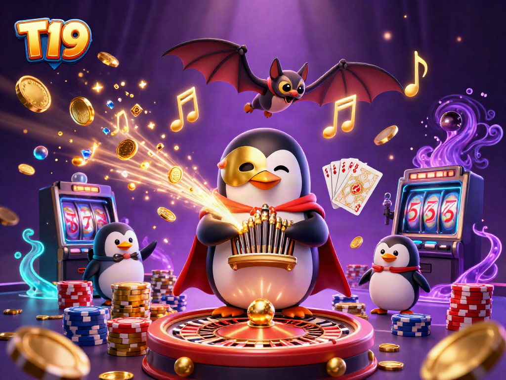 Experience the thrill of T19 with a captivating casino scene filled with golden coins, cartoon characters, and a rich, vibrant background.