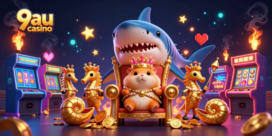 Experience the thrill of 9au casino with dynamic game symbols and a fierce hamster king.