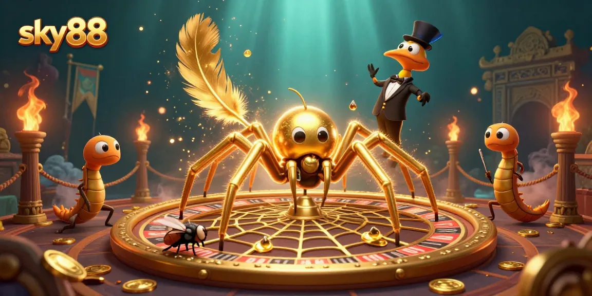Betting at sky88 casino with a golden spider and a centipede croupier in a vibrant illustration