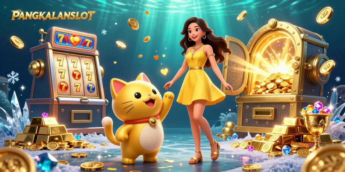 PANGKALANSLOT showcases an engaging scene with a cheerful woman and lucky cat amidst gold treasures and slot game elements.