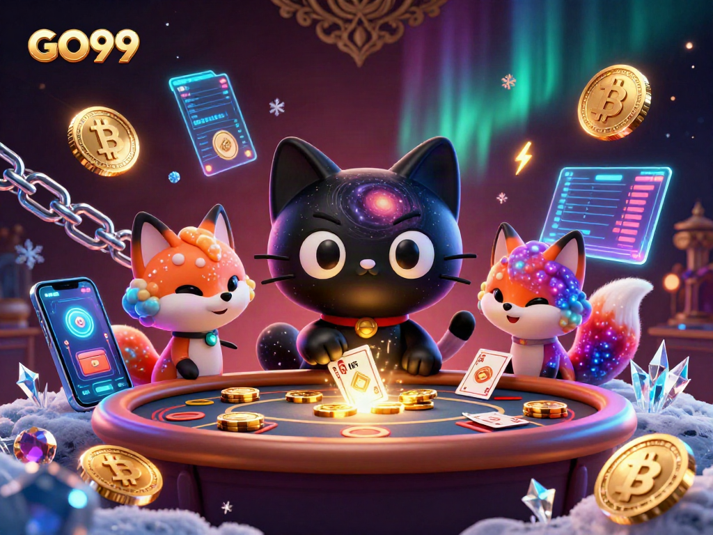 Engage in dynamic gambling strategies with GO99 at a cosmic casino featuring unique 3D characters.