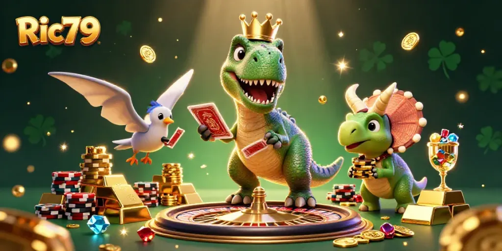 Experience thrilling gameplay with Ric79 at a cartoon casino featuring vibrant characters and prizes.