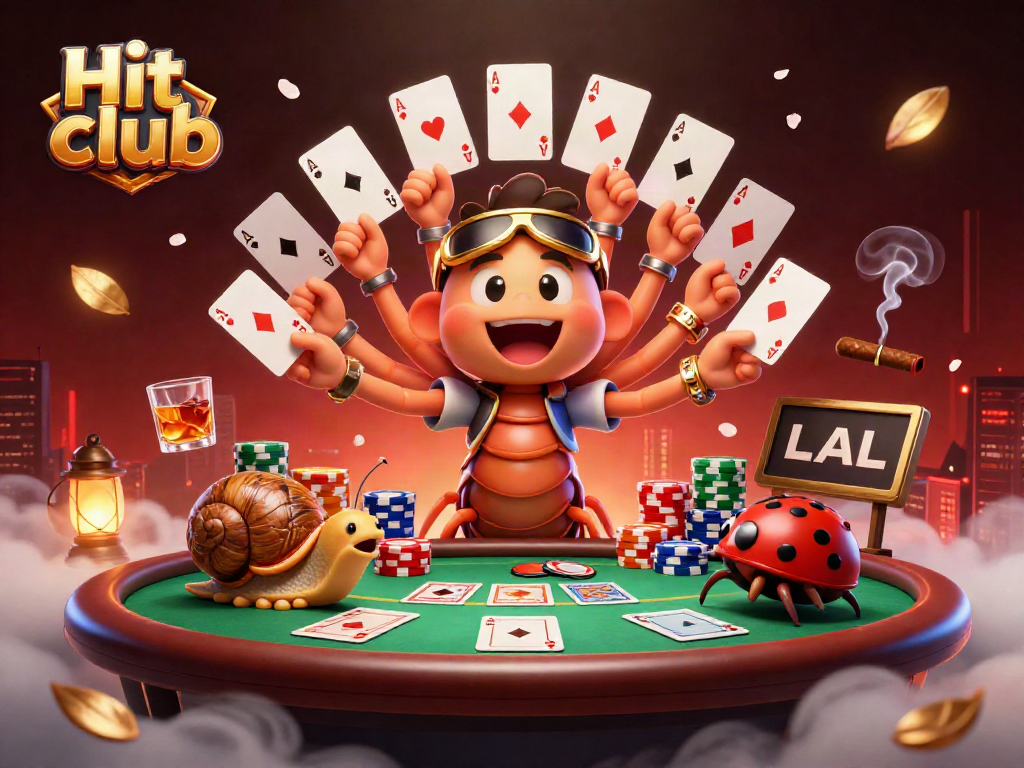 Hit club scene showcasing a cartoon millipede dealer with cards, a snail high-roller, and a pill bug, rich in casino elements.