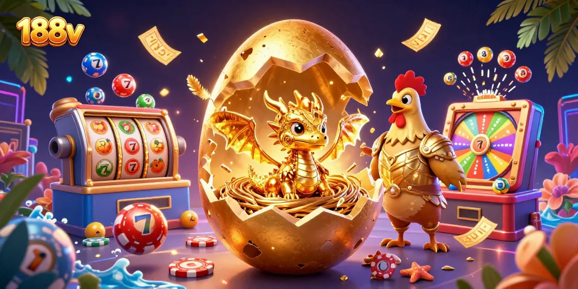 Engage with 188v's thrilling gaming scene featuring a golden dragon, poker chips, and dynamic slot elements.