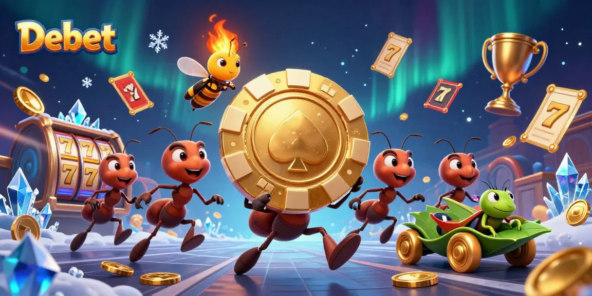 Debet: Ants executing a heist while carrying a giant poker chip among dynamic casino elements.