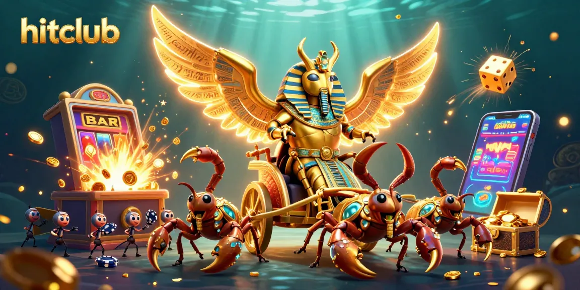 Hitclub showcases a vibrant casino scene where characters celebrate winning at a slot machine amidst dynamic game elements and rich colors.