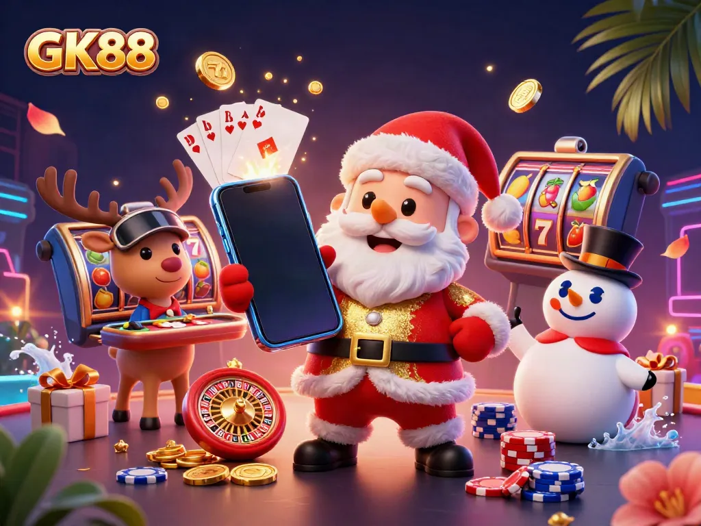 Celebrate with GK88 in a lively casino scene featuring a cartoon Santa and festive gaming elements.