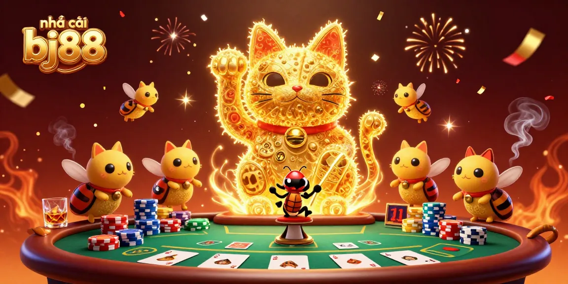 Experience the thrill with nhà cái bj88's vibrant 3D gaming scene featuring a lucky cat and poker elements.