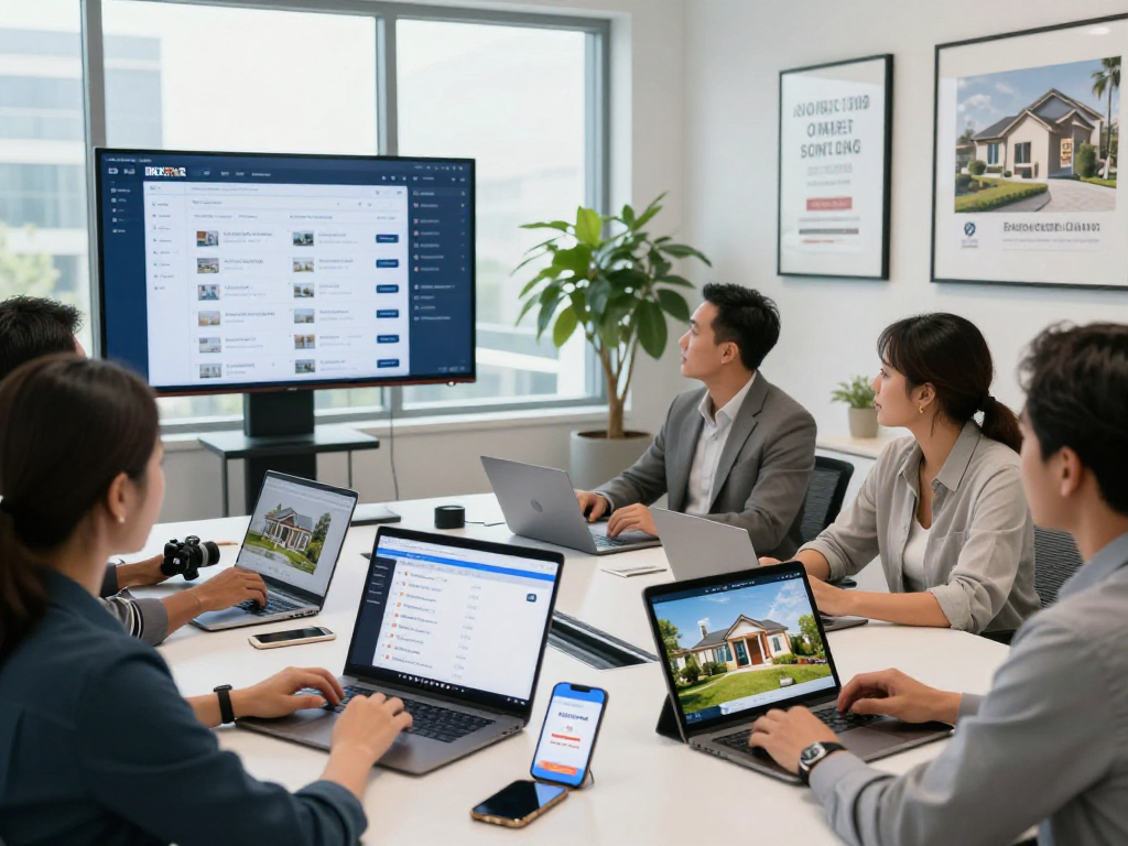 Real estate agents using IDXSTAR technology in a modern office setting with collaborative teamwork and digital screens.