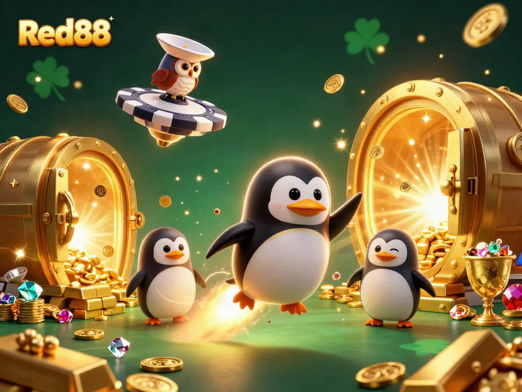 Experience thrilling gameplay at Red88 with a dynamic scene featuring a penguin and casino elements.