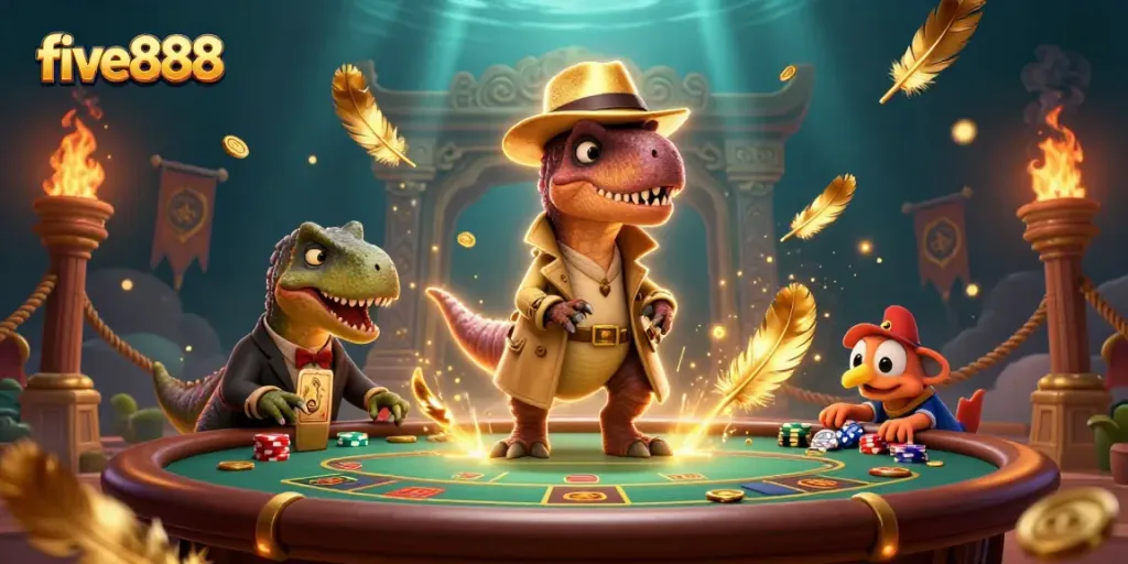 Experience the thrill of gambling action with five888’s cartoon velociraptor playing blackjack and evading the pit boss.