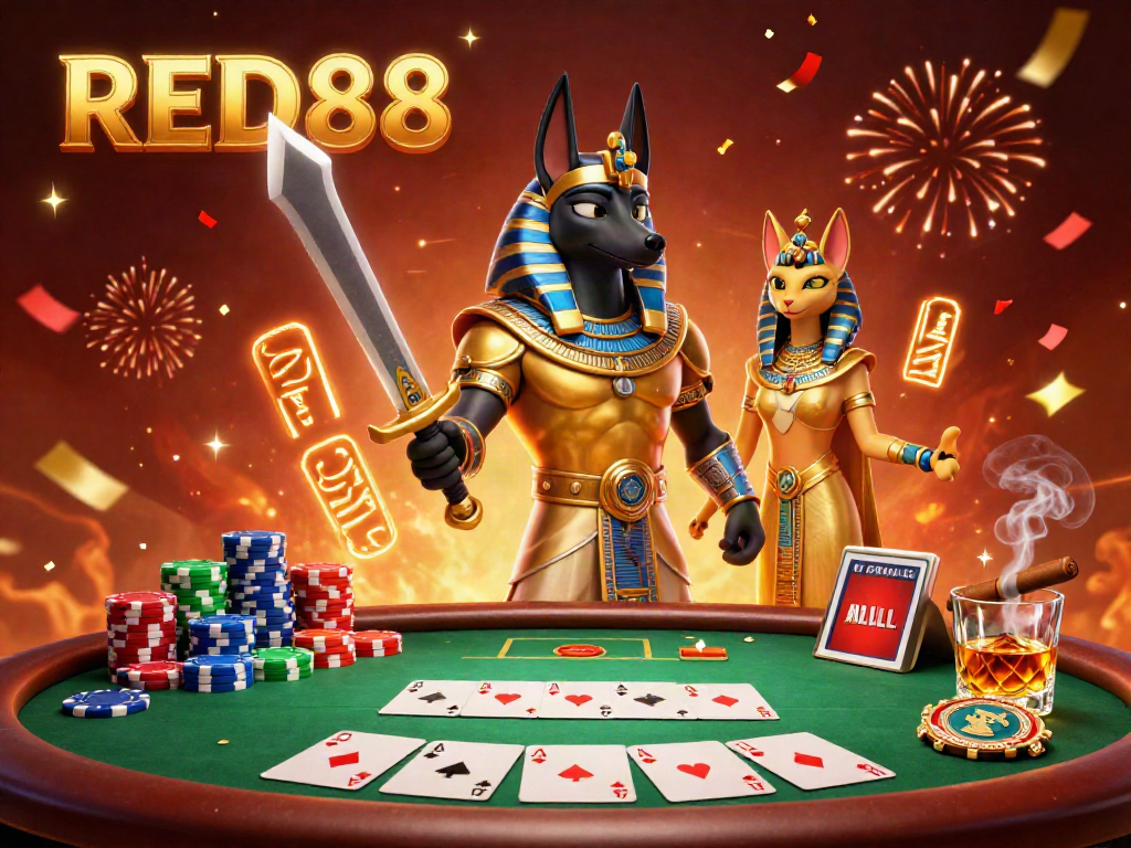 Experience the excitement of RED88 with a dynamic casino scene featuring Anubis and Bastet, poker elements galore.
