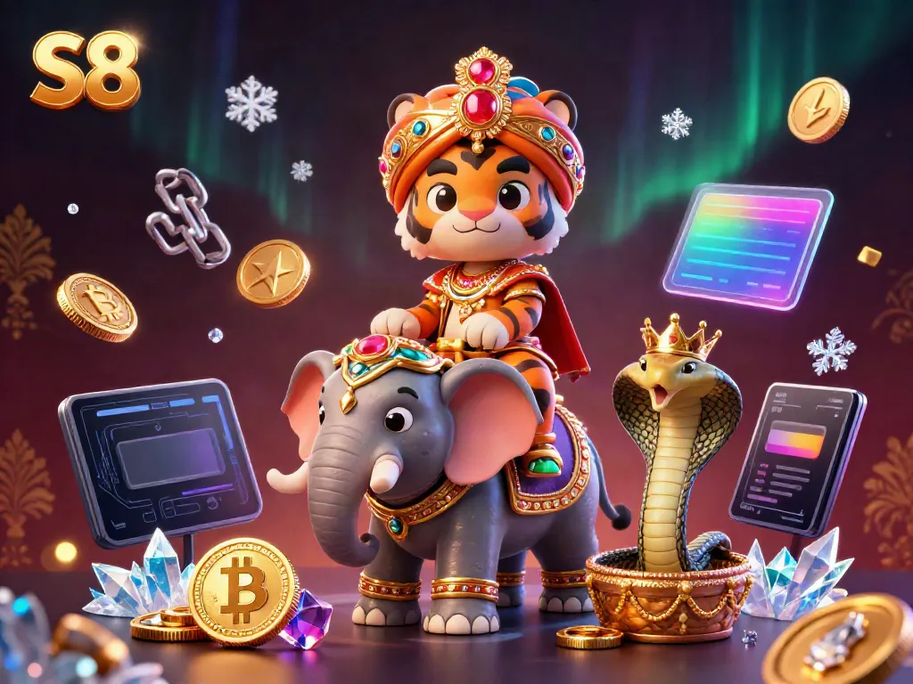 Engage with the S8 casino experience featuring a vibrant scene with a maharaja tiger, elephant, and crypto elements.