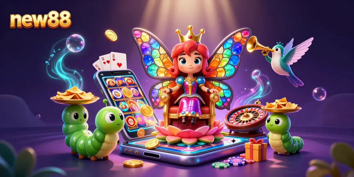 Experience the thrill of winning at new88 with a vibrant casino scene featuring a butterfly queen and golden chips.