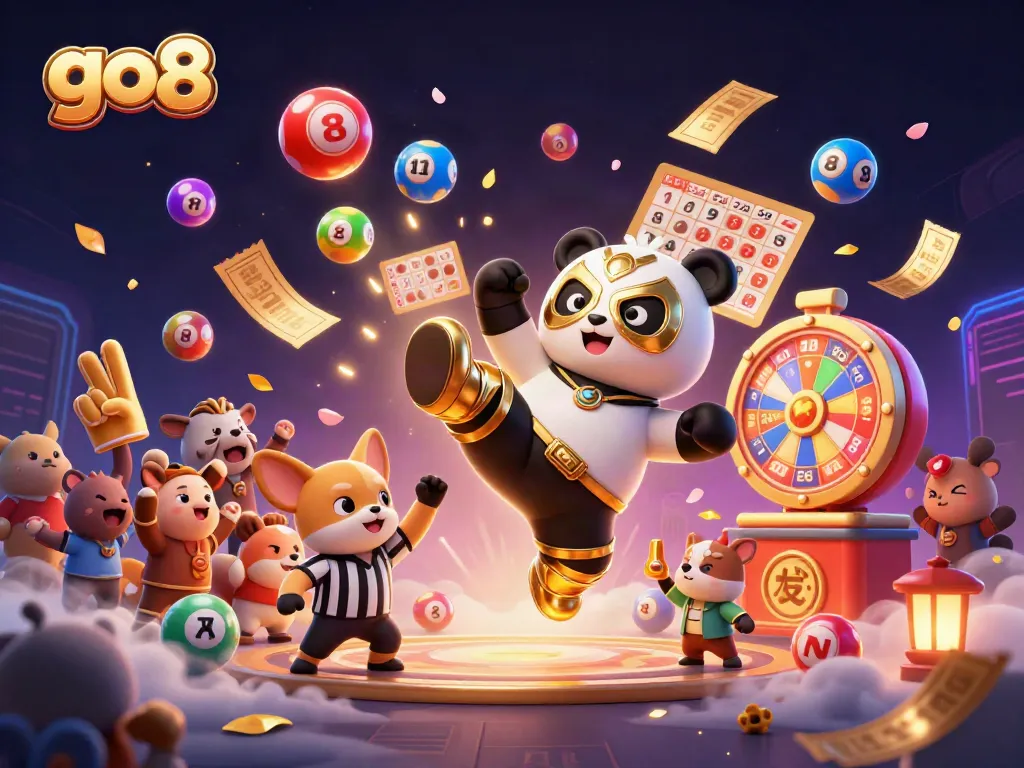 Experience an exhilarating go8 lottery event with a panda wrestler and counting referee in vibrant celebration.