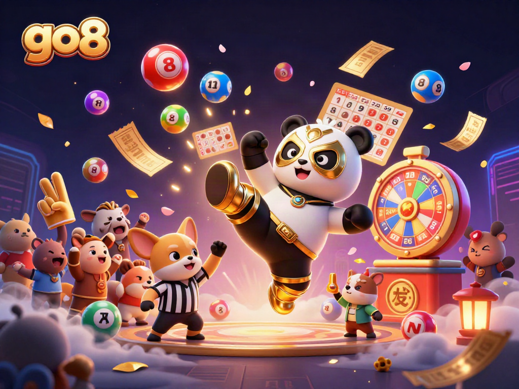 Experience an exhilarating go8 lottery event with a panda wrestler and counting referee in vibrant celebration.