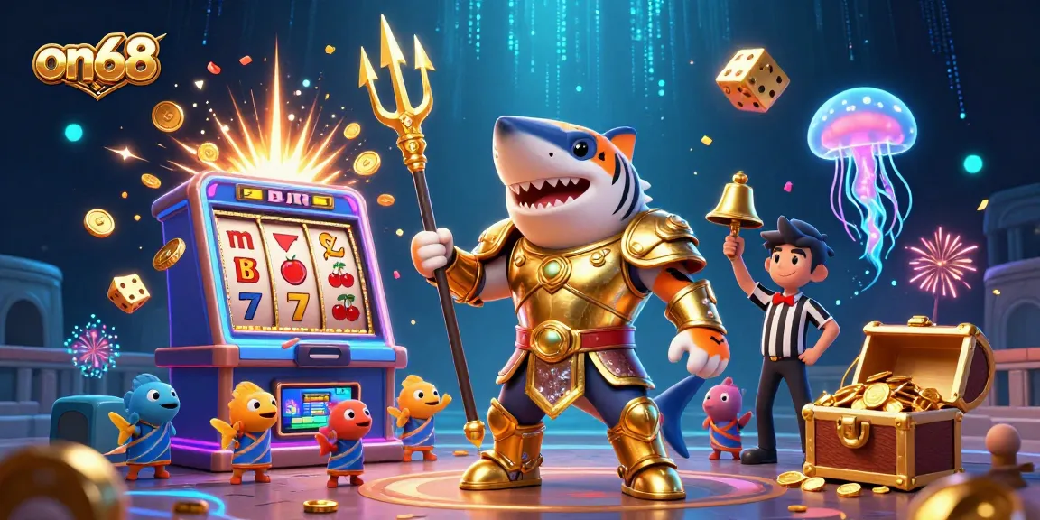 Engage with on68's thrilling casino games illustrated by a tiger shark in gladiator armor winning big.