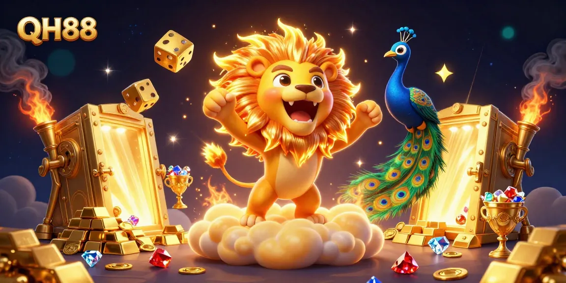 Engage with the dynamic universe of QH88, featuring casino-themed elements and a cheerful sun lion.