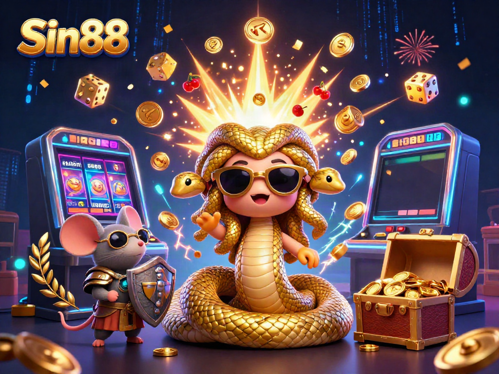 Experience thrilling gaming at Sin88 with an engaging 3D casino illustration, featuring vibrant characters and casino symbols.