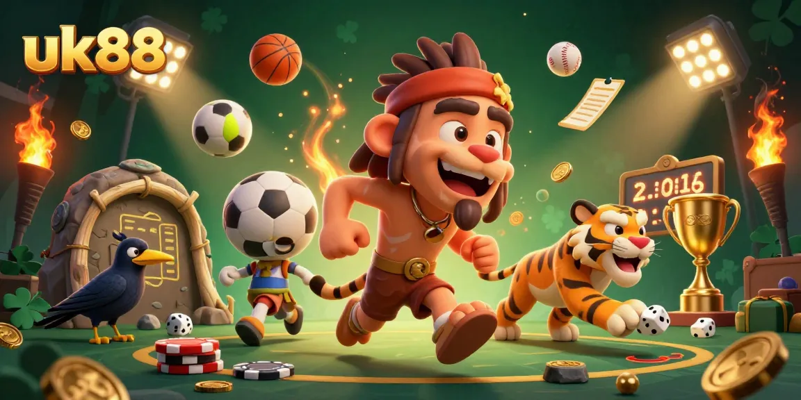 uk88 offers exciting sports betting with a dynamic caveman casino scene and vibrant elements.