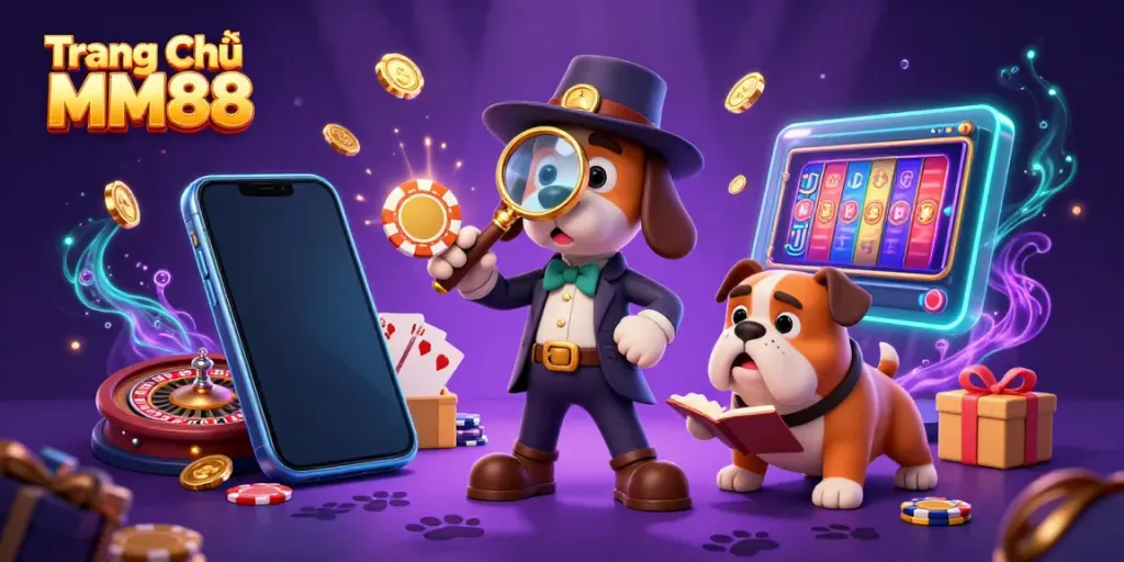 Engage with Trang Chủ MM88 as a detective analyzes a poker chip clue amid casino games.