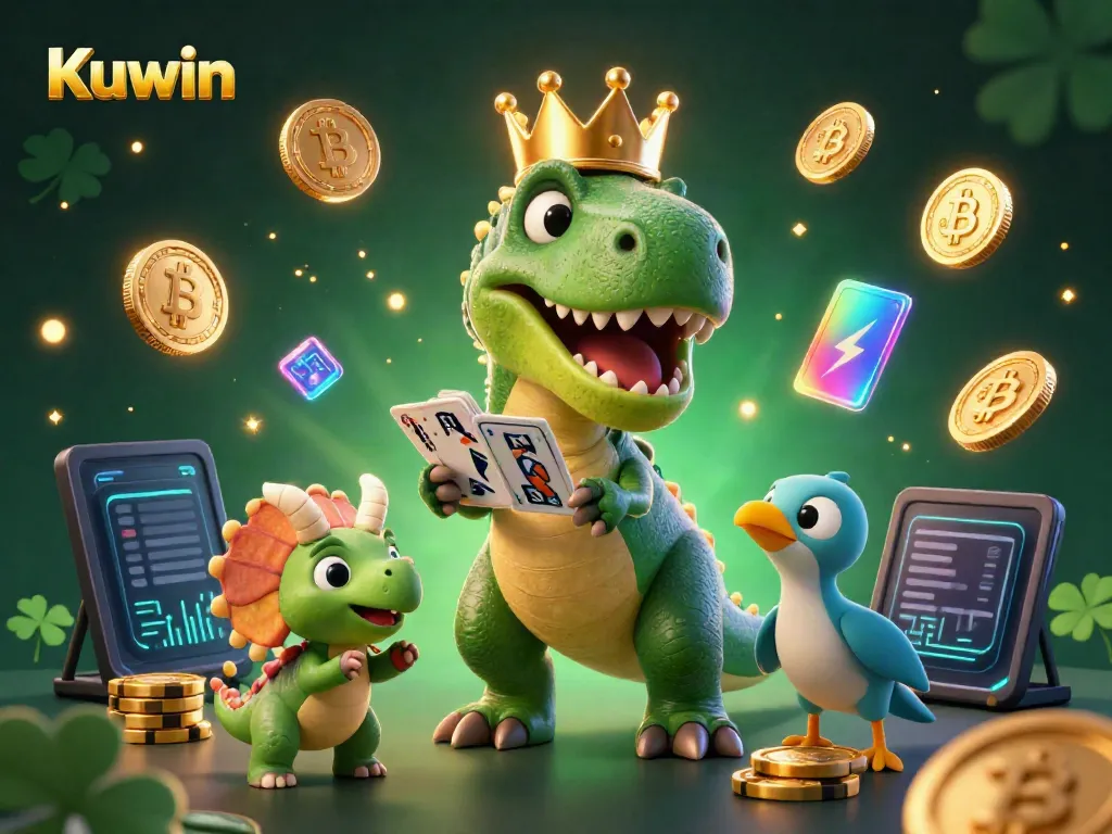 Kuwin showcases a T-Rex shuffling cards, while a pterodactyl assists, creating an engaging casino atmosphere.