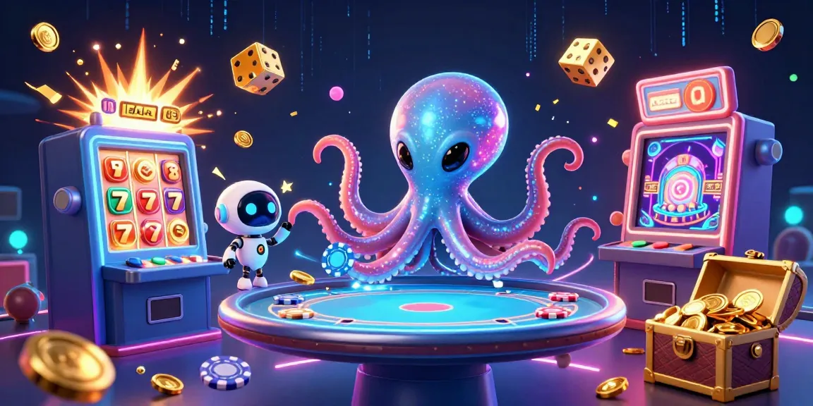 Experience the vibrant world of debet with an alien octopus at a holographic poker table, jackpot explosions, and a tiny robot companion.