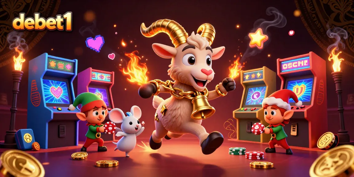 Join the festive horror at debet1 casino with Krampus and elf gremlins amid colorful gaming chaos.