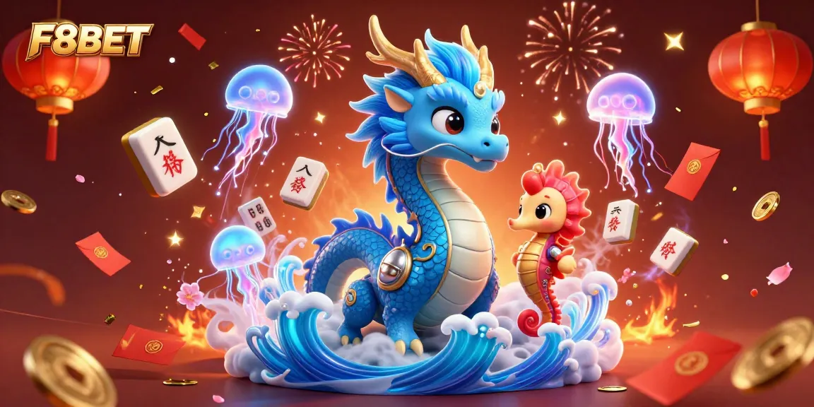 Engage with the thrilling world of F8BET, as a majestic water dragon and seahorse knight create a festive casino atmosphere.