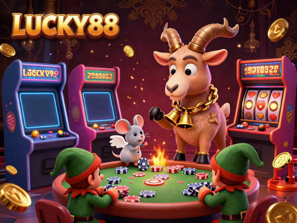 Experience the thrilling ambiance of LUCKY88 casino with whimsical characters collecting chips in a festive atmosphere.