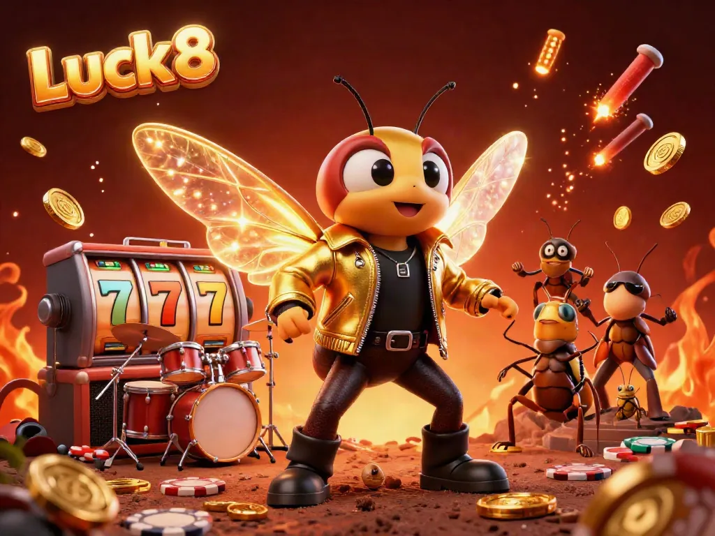 Experience the thrill of Luck8 with vibrant slots and festive elements in this energetic casino scene.