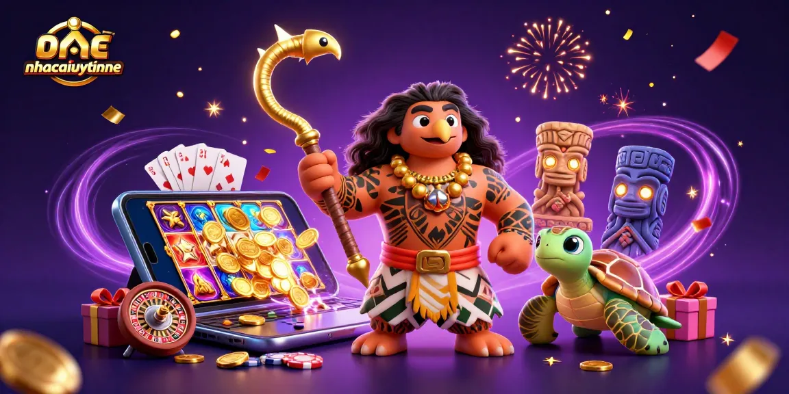Win big with nhacaiuytinne's vibrant casino illustration, featuring lively characters and slot game excitement.