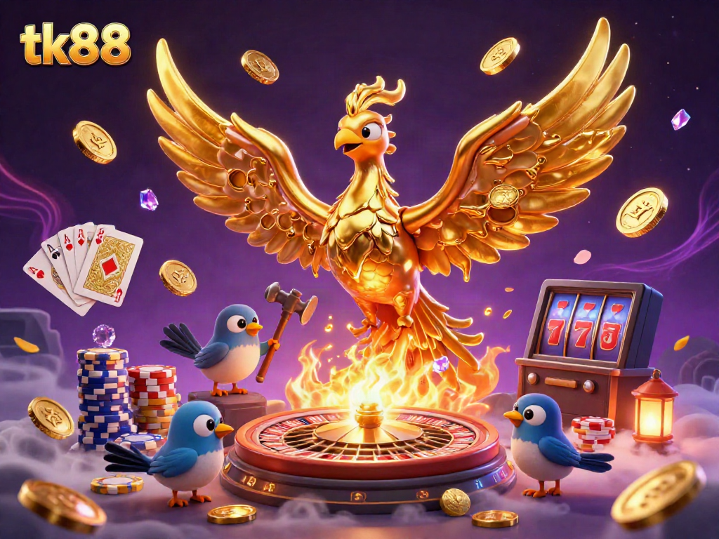 Experience the excitement of tk88 with a golden phoenix and dynamic casino elements in this 3D illustration.