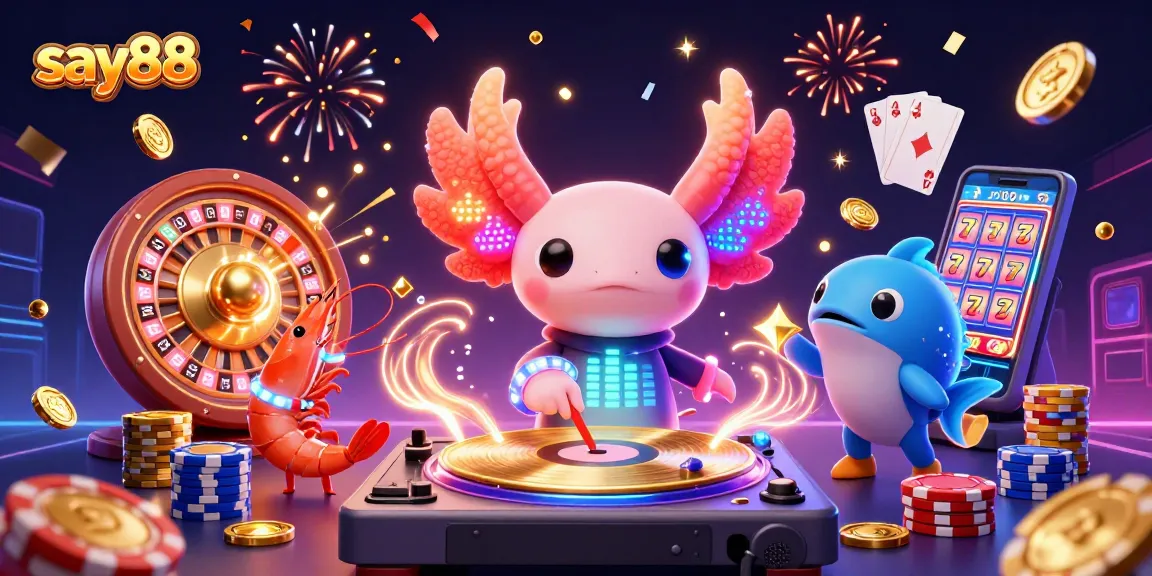 Experience the vibrant gaming world with say88 through a lively 3D casino illustration.