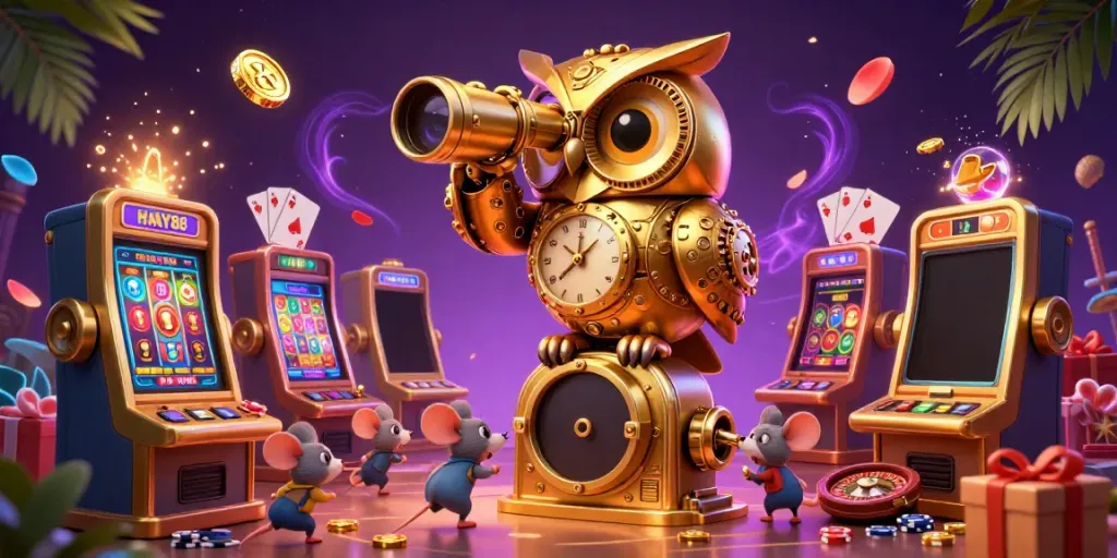 Experience the thrill of gaming at HAY88 with a vibrant casino scene featuring a golden owl and lively characters.