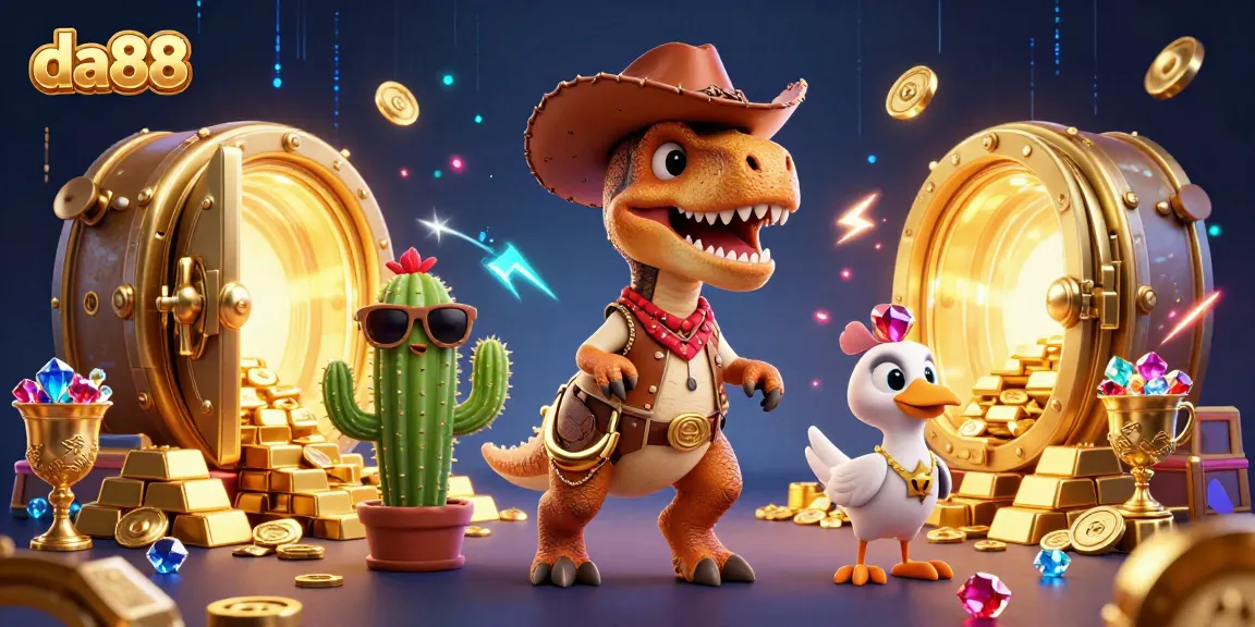Engage with da88 casino adventures featuring a T-Rex & friends amid treasure and jackpot excitement.