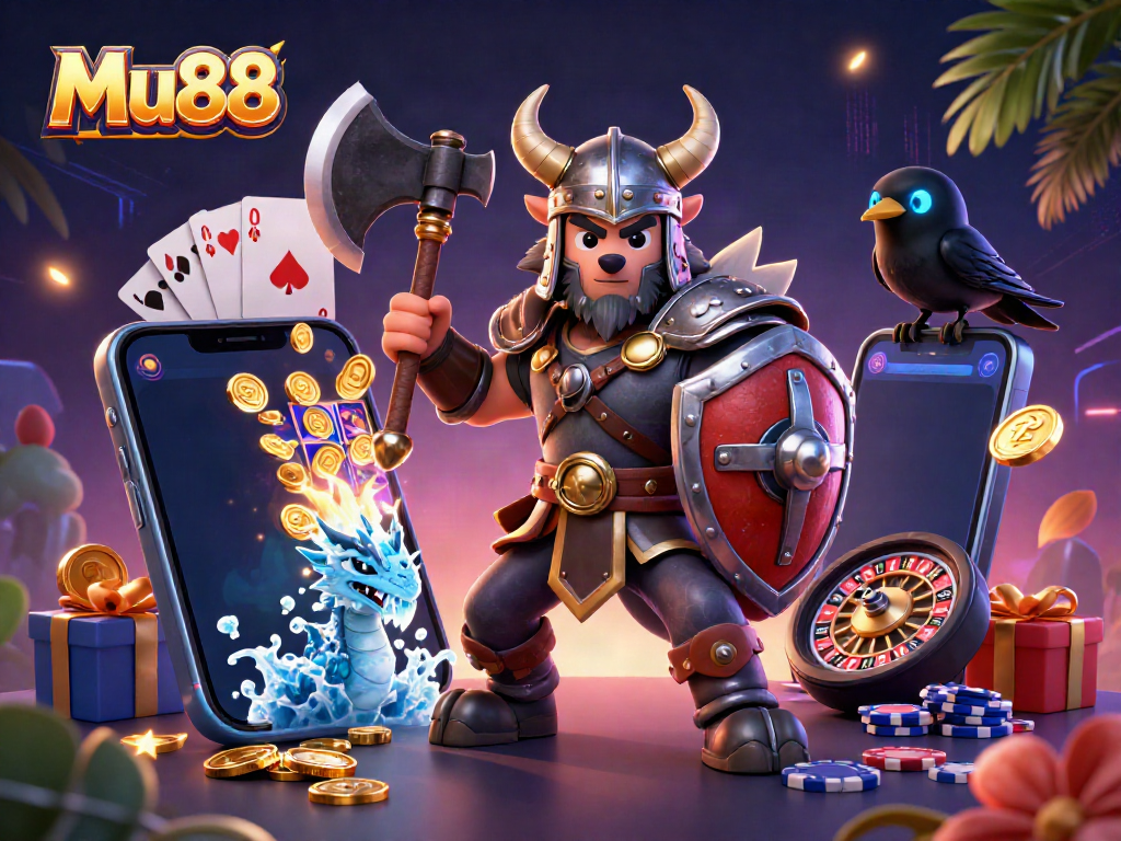 Engage with Mu88's thrilling adventures featuring a Viking wolf warrior and a fierce dragon amidst vibrant casino elements.