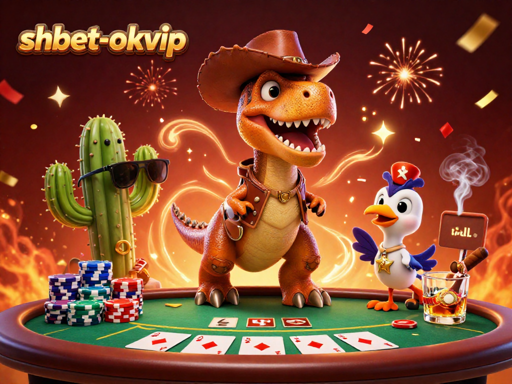 Engage with the vibrant world of shbet-okvip showcasing 3D cartoon dinosaur characters at a lively poker table
