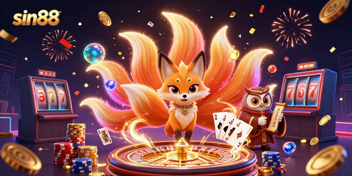 Engage in thrilling gameplay with sin88's vibrant casino universe featuring lucky symbols and colorful characters.