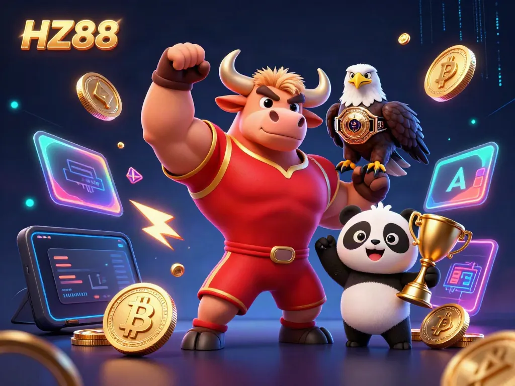 Experience the thrill of HZ88 with dynamic characters celebrating and showcasing crypto elements.