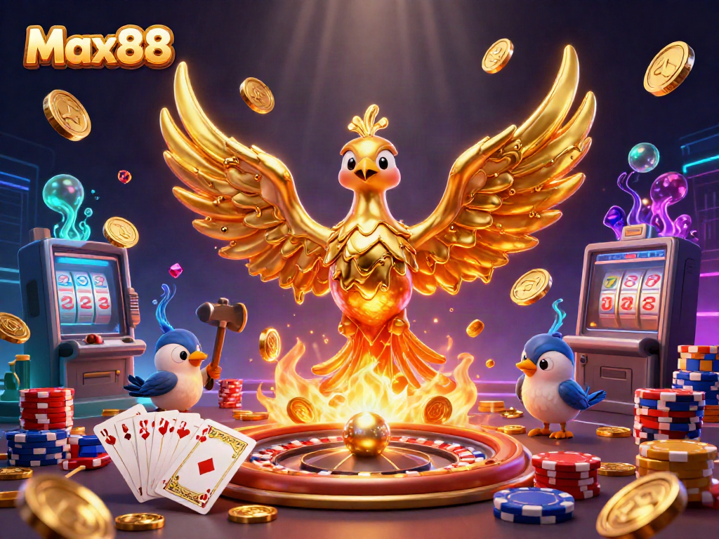 Experience the excitement of Max88 with a vibrant 3D casino scene featuring golden phoenix and game elements.