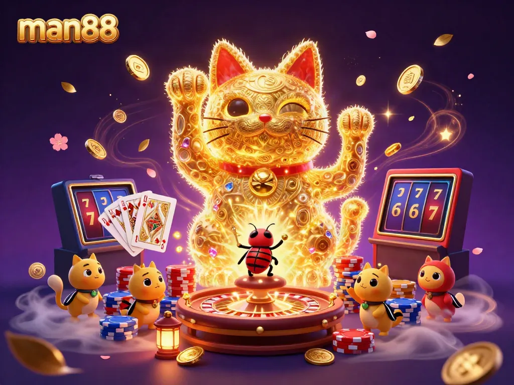 Engage with man88's immersive online gaming experience featuring a lucky cat and vibrant casino elements.