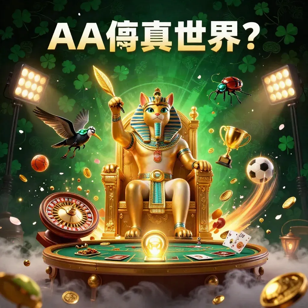 Pharaoh cat on golden throne with ibis scribe, scarab beetles, casino lights and floating sports balls.