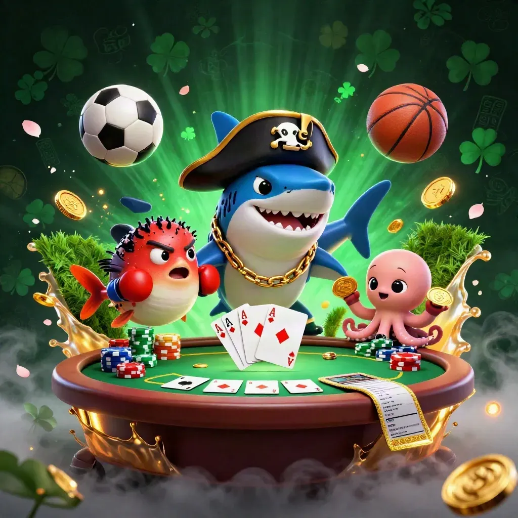 Pirate shark, boxing pufferfish, and juggling octopus amid casino chips and flying sports balls