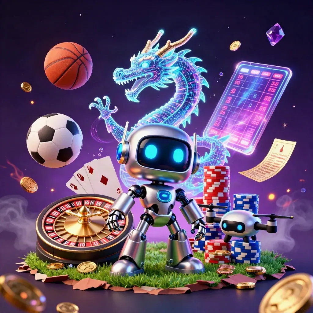 Chrome robot, holographic dragon, coin drone, balls and casino props explode in neon light.