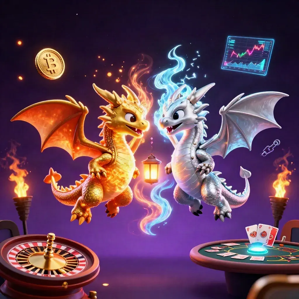 Gold and silver dragons form a glowing yin-yang amid casino magic, coins, and neon energy.