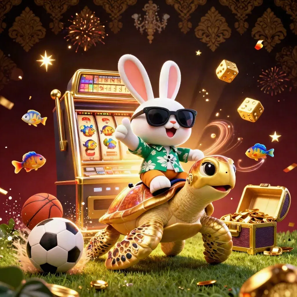 Rabbit on golden turtle amid slot burst, sports balls, gold and casino sparks.