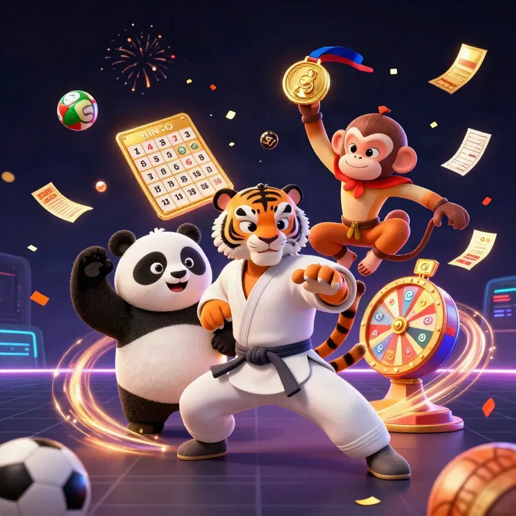 Tiger, panda, and monkey in a neon casino key-art burst with lottery balls, wheel, and confetti.